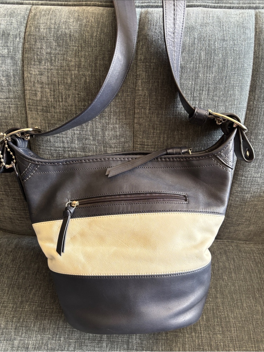 Coach Vintage Rugby Legacy Duffel Feeder Leather Bucket Bag Navy and White